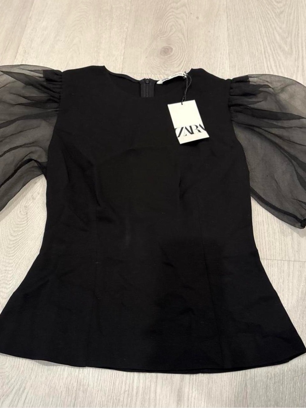 ZARA Black Puff-Sleeve Sheer Top